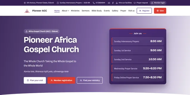 The Pioneer AGC homepage at pioneeragc.org, with the service times