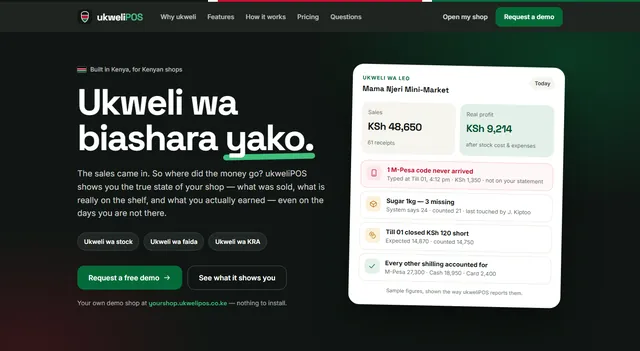 The ukweliPOS public website at ukwelipos.co.ke, showing sample shop figures